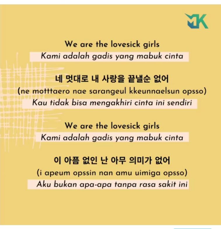 Lagu Blackpink Lovesick Girls, Terjemahan Lirik Bahasa Korea - Kepoper